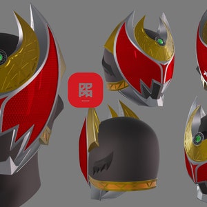 May include: A futuristic helmet design with a red visor, gold accents, and silver trim. The helmet features a central green gem and a stylized, angular shape. The design is repeated in multiple views.