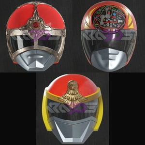 May include: Three futuristic helmets with red, silver, and gold accents. One helmet features an ornate silver and red design, another reveals internal circuitry, and the third has a gold eagle emblem.