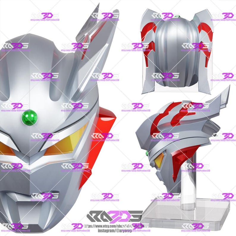 May include: A silver helmet featuring red accents, yellow eye-like panels, and a prominent green circular gem on the forehead. The design includes sharp, angular protrusions on the sides and top, shown from front, back, and side angles on a stand.
