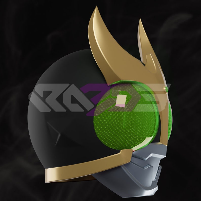 May include: A black and gold helmet with a green visor. The helmet features a distinctive design with gold accents and a textured green visor. The design is futuristic and sleek, set against a dark background.