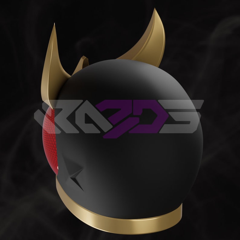 May include: A black helmet with gold detailing, including a gold trim and two upward-curving horns. The helmet has a red mesh visor and the text "3Z3DS" in purple. The design is modern and stylish.