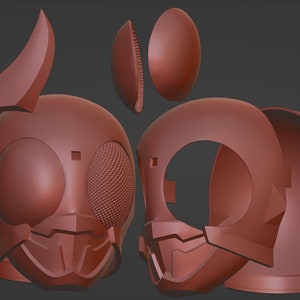 May include: A 3D model of a brown helmet, shown in separate components. The helmet design includes a detailed insect-eye visor, a chin guard, and a headpiece with horn-like projections. The parts are displayed against a grey backdrop.