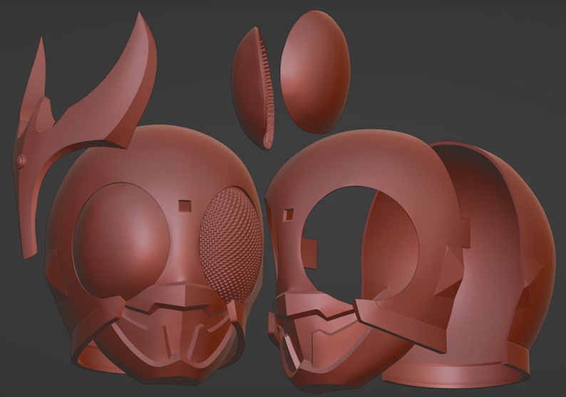 May include: A 3D model of a brown helmet, shown in separate components. The helmet design includes a detailed insect-eye visor, a chin guard, and a headpiece with horn-like projections. The parts are displayed against a grey backdrop.