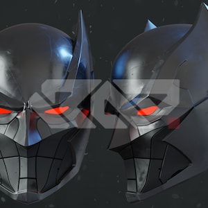 May include: A metallic gray superhero helmet with red glowing eyes, featuring a detailed, angular design. The helmet is shown in two perspectives, highlighting its intricate construction and futuristic aesthetic. The overall theme is cosplay or fantasy.