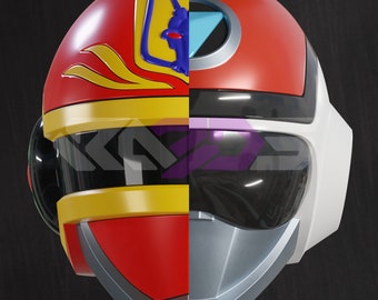 Op de afbeelding: Een helm met een gesplitst ontwerp, met rood, geel en wit. Eén kant heeft een gestileerd embleem met een blauwe figuur, de andere kant een strak, futuristisch ontwerp met een zilveren vizier. Het ontwerp doet denken aan een superheld of sciencefiction thema.
