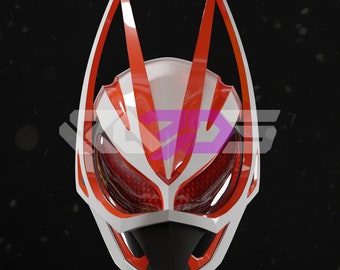 May include: A futuristic white and red helmet with a black lower face section. The helmet features a distinctive design with sharp angles and a visor area with a red, textured pattern. The overall aesthetic suggests a sci-fi or cosplay theme.