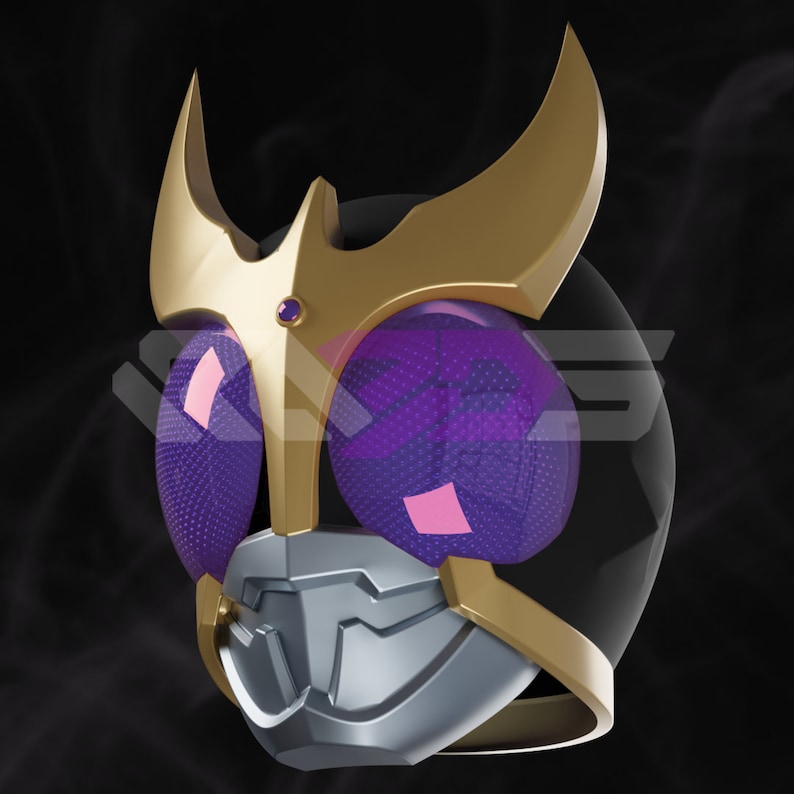 May include: A close-up of a stylized helmet with a gold crown and accents. The helmet features large, purple, textured eye-like lenses and a silver lower face. A small, purple gem is set in the gold crown.