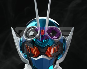 May include: A futuristic helmet with a blue and silver design. The helmet features large, round eye lenses, a red accent, and angular details. The faceplate is blue, and the overall aesthetic suggests a sci-fi or cosplay theme.