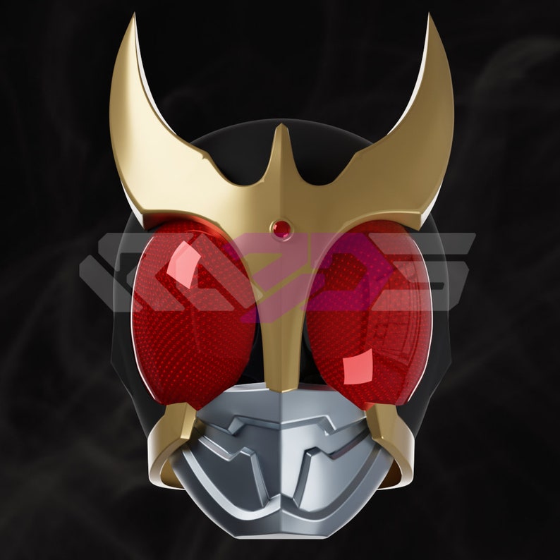 May include: A close-up of a stylized mask with a black base, gold accents, and red eyes. The mask features a silver lower section and a small red gem. The design is reminiscent of a superhero or anime character.