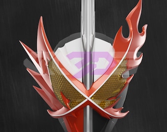 May include: A stylized sword with a red and gold decorative element. The sword features a silver blade and a shield-like design with red flame-like accents and gold mesh detailing. The background is a dark gray.