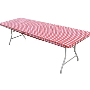 May include: Red and white checkered table cover for a folding table. The cover is made of plastic and has a gingham pattern.