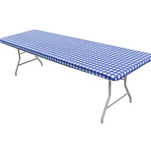 May include: A blue and white checkered table cover for a rectangular table. The cover is made of plastic and has a smooth finish.