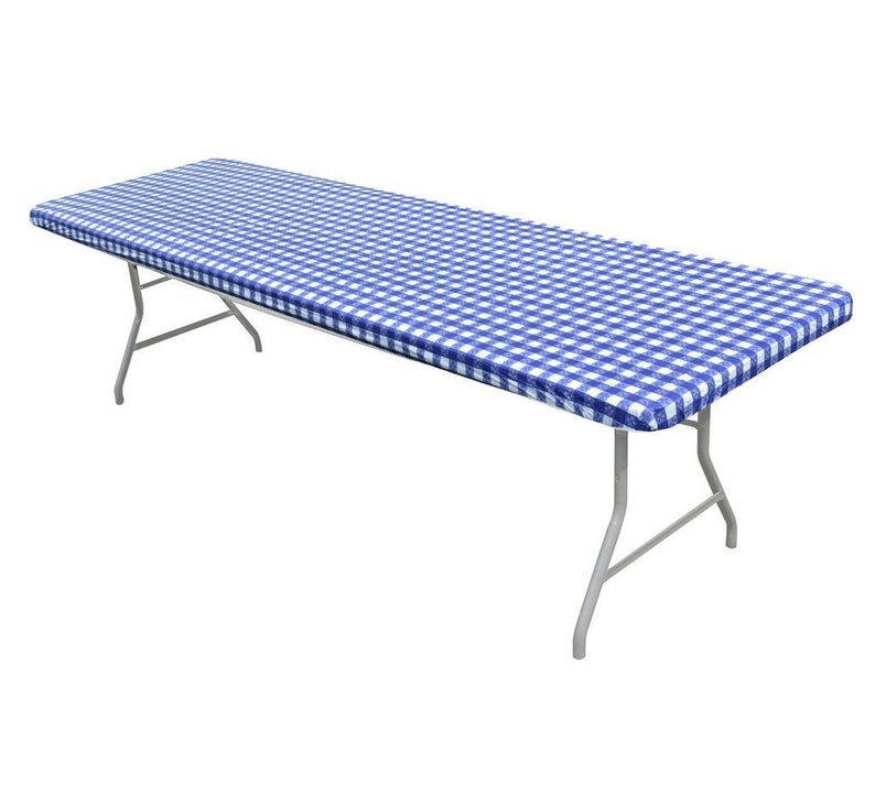 May include: A blue and white checkered table cover for a rectangular table. The cover is made of plastic and has a smooth finish.