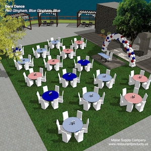 May include: An outdoor wedding reception setup with round tables covered in red and blue gingham tablecloths. White chairs surround each table. A balloon archway in red, white, and blue decorates the background. The text "Barn Dance" is visible at the top of the image.