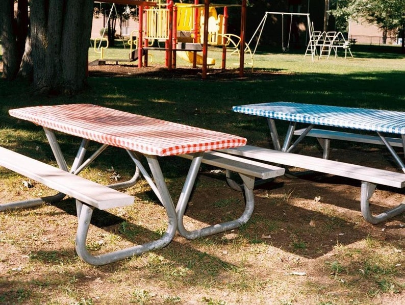 May include: Two picnic tables with red and white checkered tablecloths and blue and white checkered tablecloths on a grassy lawn.