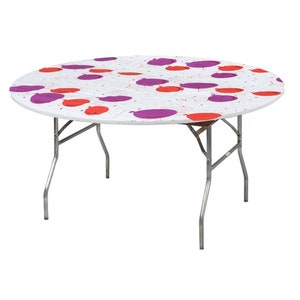 May include: Round white table cover with a colorful confetti design featuring purple and red balloons. The cover is made of a durable, waterproof material and is perfect for protecting your table from spills and stains.