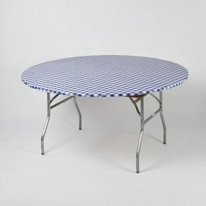 May include: A round, blue and white checkered table cover for a 60-inch round table.
