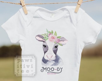 Moody Cow Baby Bodysuit, Floral Crown, Cute Animal