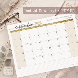 May include: A printable September 2026 calendar page featuring a gold header with the month and year, a grid layout with numbered days, and a notes section at the bottom. The text includes "Instant Download • PDF File" and a quote.
