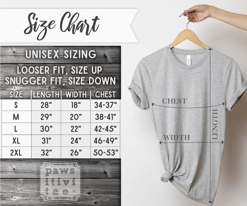May include: Unisex sizing chart for a t-shirt with measurements in inches for length, width, and chest. The chart shows sizes S, M, L, XL, and 2XL. The chart also includes the text "Looser fit, size up" and "Snugger fit, size down".
