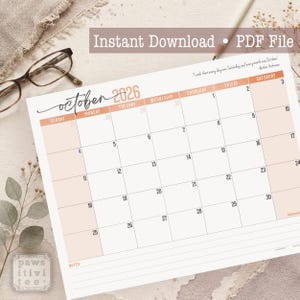 May include: A printable October 2026 calendar page featuring a soft peach and white color scheme. The header displays the month and year in a script font. The grid includes days of the week, numbered dates, a notes section, and the text Instant Download PDF File.