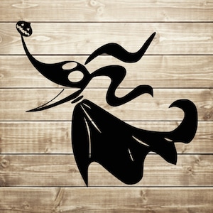 Pode incluir: Silhueta preta de um cão de desenho animado com uma abóbora na boca e uma cauda longa e fluida. O cão está usando uma capa e tem um nariz grande e pontudo.