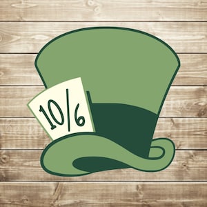 May include: A green top hat with a black band and a white card that says "10/6" attached to the side.