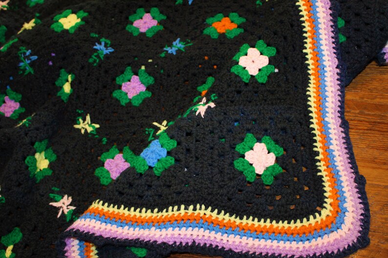 Vintage Afghan Throw Crocheted Floral Blanket