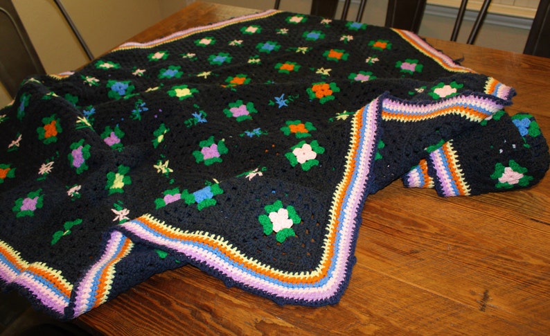 Vintage Afghan Throw Crocheted Floral Blanket