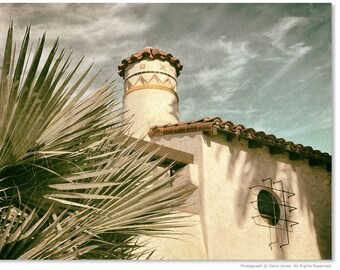 CALIFORNIA SPANISH COLONIAL Photograph, Fine Art Photograph, Palm Trees, Boho Style, California, Fan Palms, Adobe Walls, Red Tile Roof