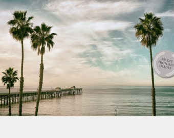 CALIFORNIA COASTAL MORNING Photograph, Pier, Palm Trees, Ocean, Paddleboarder, Pacific, Muted Pinks and Blues, Minimalistic