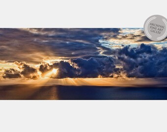 PACIFIC STORMY SUNSET 3 Photograph - Golden rays thru clouds. Fine Art Photograph, Travel Photos Seascape Photography, Panorama Photography,