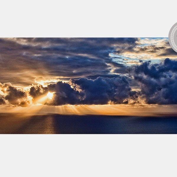 PACIFIC STORMY SUNSET 3 Photograph - Golden rays thru clouds. Travel Photos, Seascape Photography, Panorama Photography,
