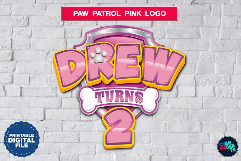 Paw Patrol Pink Custom Logo with Name and Age
