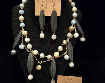 Gold Tone Slate and Labradorite Statement Necklace + Earrings