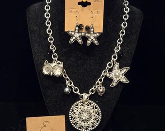 Silver Toned Crystal Sea Theme Statement Necklace + Earrings
