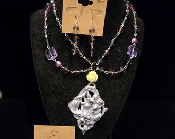 Purple Crystal Statement Necklace + Earrings