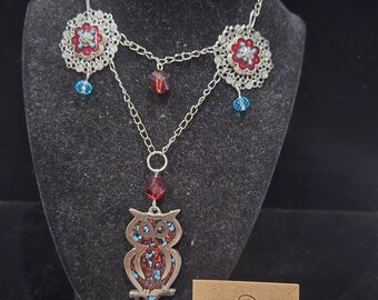Silver Tone Owl Statement Necklace
