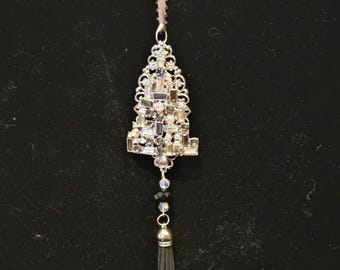 Holiday Ornament: Black and White Crystal Christmas Tree and Tassel