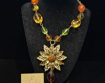 Fall Crystal Flower Beaded Statement Necklace