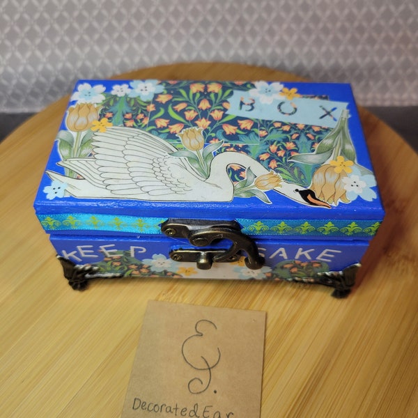 Blue Swan Decoupage Wooden Trinket Jewelry Box