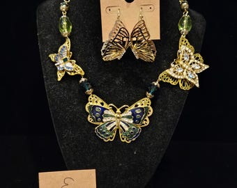 Costume Gold and Crystal Butterfly Festoon Necklace + Earrings