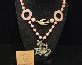 Rose Quartz Beaded Statement Necklace With Bird and Cage