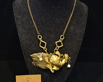 Costume Gold Frog on Leaf Statement Necklace