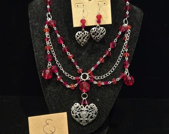 Costume Silver Heart and Red Crystal Statement Necklace + Earrings