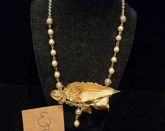 Costume Gold, Pearl, and Butterfly Leaf Statement Necklace
