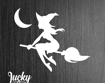 Witch on broom with moon vinyl decal