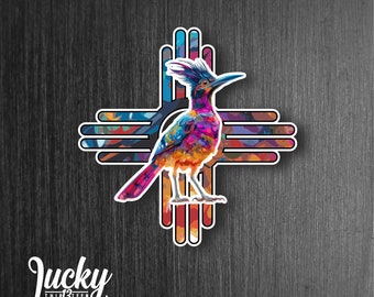 Colorful Zia and roadrunner vinyl decal