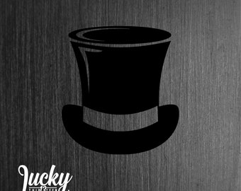 May include: Black and white silhouette of a top hat. The hat has a wide brim and a tall, cylindrical crown.