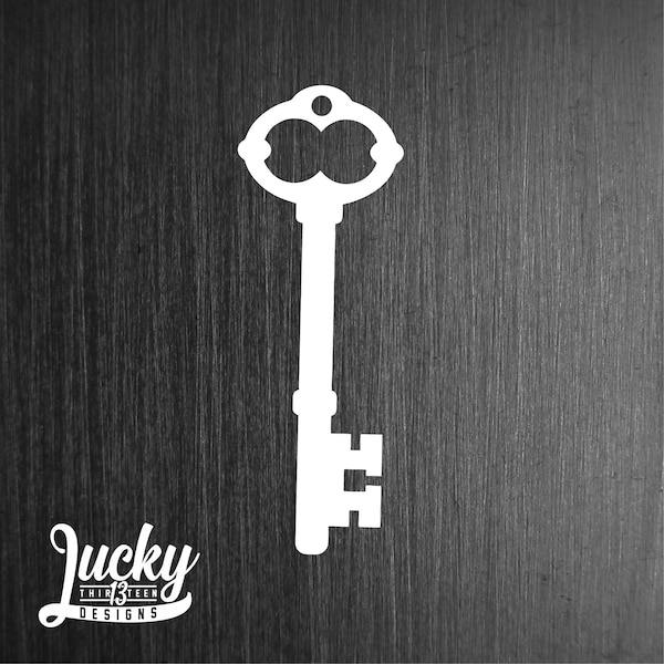 May include: A white silhouette of an old-fashioned key on a dark wood background. The key has a large, ornate head and a long, thin shaft.